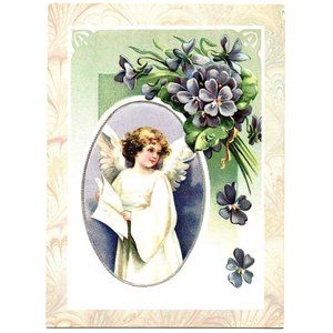Vintage Christmas Angle Greeting Card Postcard Romantic Violet Floral Design